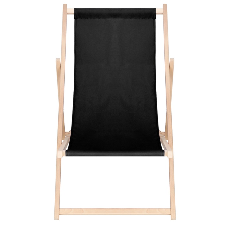 Sezlong de plaja, Springos, pliabil, negru, pana la 120 kg, reglare in 3 trepte, depozitare usoara, lemn de fag, material impermeabil, 4 kg, pliat 58 x 124 cm, material spatar inlocuibil