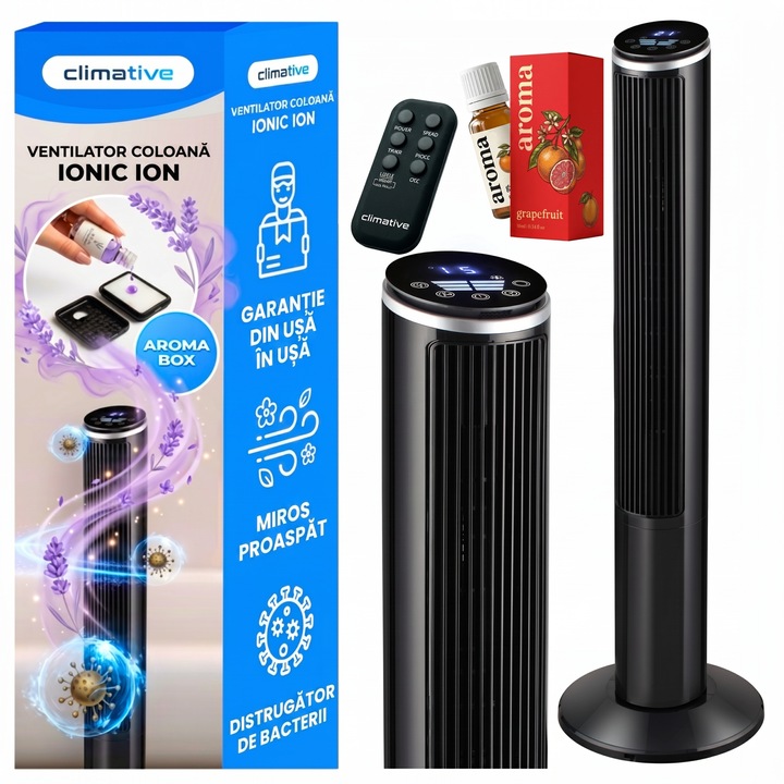 Ventilator coloana Climative IONIC, 117 cm, ionizare, difuzor de aroma, telecomanda, oscilatie 90°, temporizator 12 ore, 3 moduri de functionare, silentios, design premium