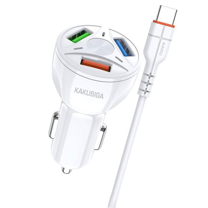 Set Incarcator auto si Cablu USB-C Kaku KSC-493, 20W, 3xUSB-A, QC 3.0, Alb
