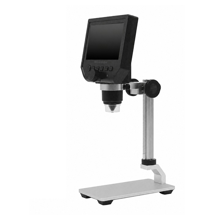 G600 digitális mikroszkóp 4.3” LCD kijelzővel, 1–600X zoommal, 3.6MP szenzorral, állítható LED világítással, állítható fém állvánnyal