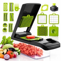 Razatoare Multifunctionala 15 in 1 Macvi®, 20 Piese, 13 Tipuri de Feliere, Ideala pentru Fructe, Legume si Branzeturi, Otel Inoxidabil, Verde/Gri