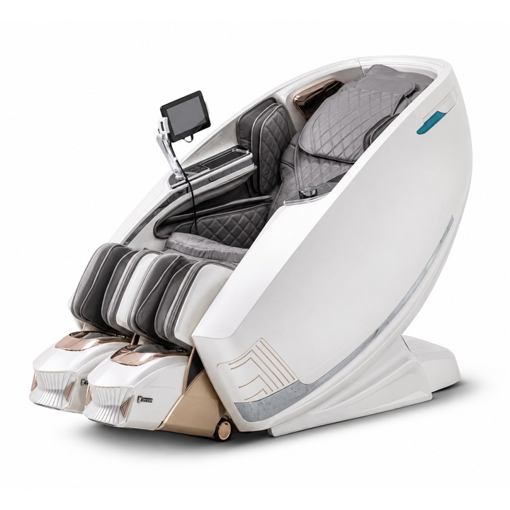 Fotoliu Masaj, TOPSCAUNE®, VIGOS, Masaj 4D Cu Scanare Corporala Automata, Zero Gravity SL-Track, Incalzire Lombara, Comanda Vocala AI, Bluetooth Audio, Incarcare Wireless, Ecran Tactil LCD, 12 Programe Automate, Suport Picioare Extensibil, Premium, Alb