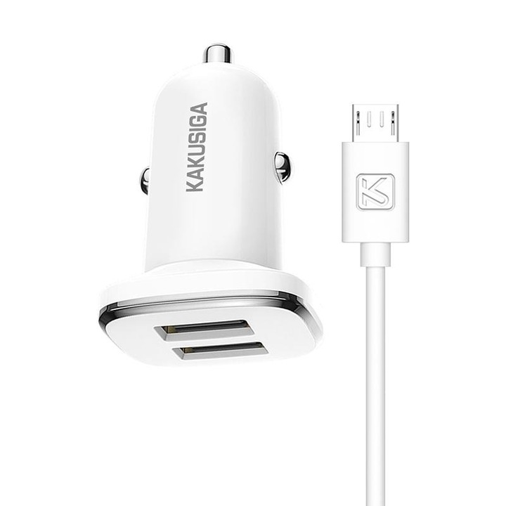 Set Incarcator auto si Cablu Micro USB Kaku KSC-318, 18W, 2.4A, 2xUSB-A, QC 3.0, Alb