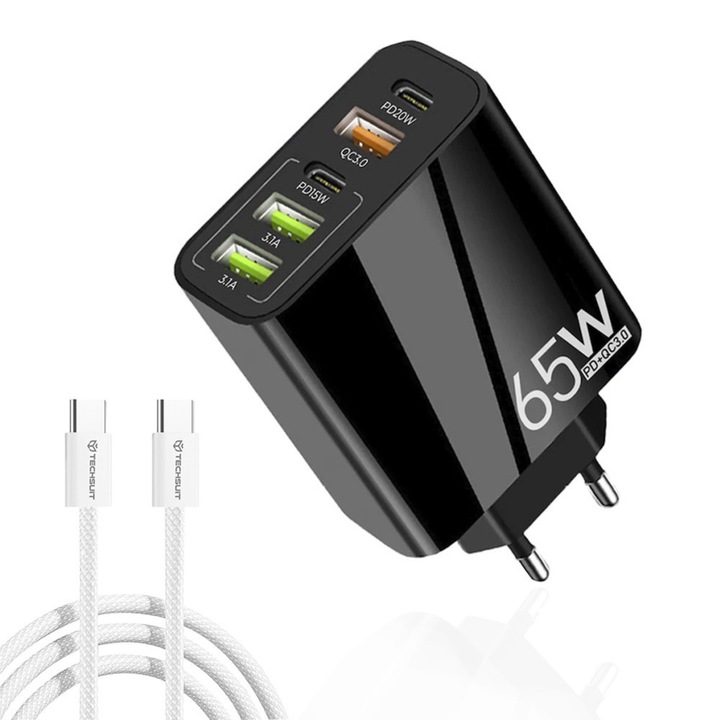 Incarcator priza Comari® VoltCore Pro, USB si USB-C, incarcare rapida 65W, cablu USB-C inclus, compatibil universal, Negru
