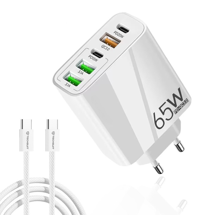 Incarcator priza Comari® VoltCore Pro, USB si USB-C, incarcare rapida 65W, cablu USB-C inclus, compatibil universal, Alb
