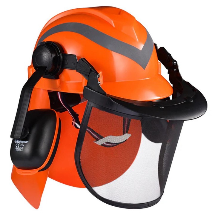 Комплект защита SAFEYEAR M-5009OR за верижен трион, ABS каска с регулиране 56-63 см, визьор от неръждаема мрежа, защита за слуха SNR 29dB, оранжев, 1 комплект