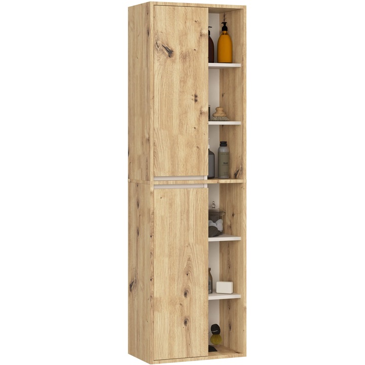 Dulap Coloana Suspendat Baie AKORD VAMI Stejar Artisan 50 cm, 2 Usi Interior Cashmere 10 Rafturi 50x30x170 cm, Material PAL Laminat, Tip de Mobilier Suspendat, Tip de Usi Batante, Ideal pentru Baie, Design Modern, Solutie Practica pentru Casa