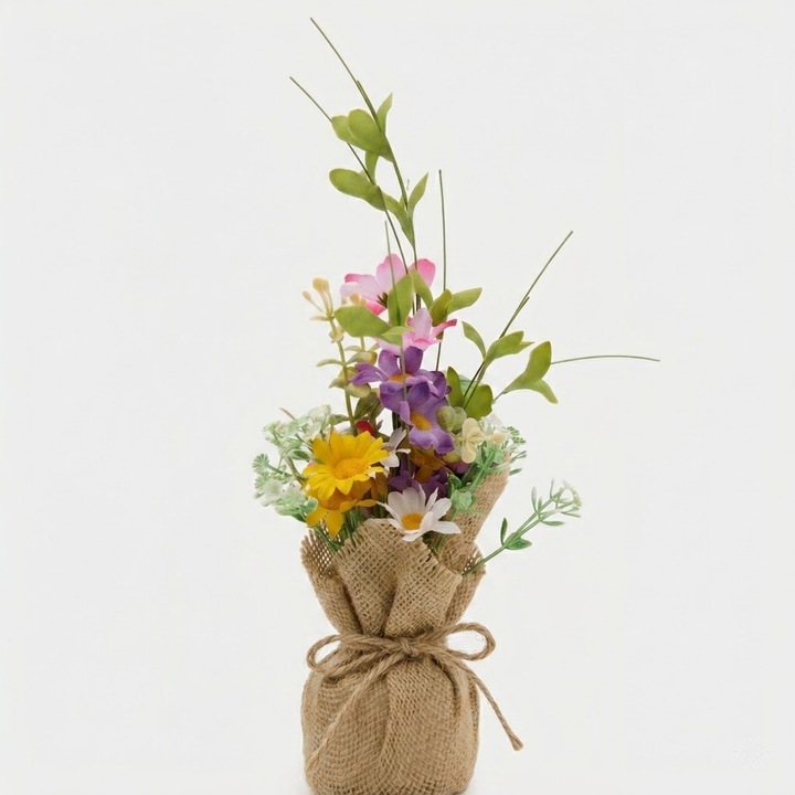 Buchet de Flori Artificiale Multicolore in Sac cu Fundita, inaltime 30 cm, Decor Elegant pentru Casa