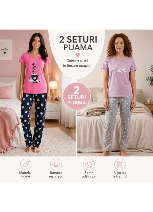 2 darab női pamut pizsama szett, rövid ujjú, hosszú nadrág XL