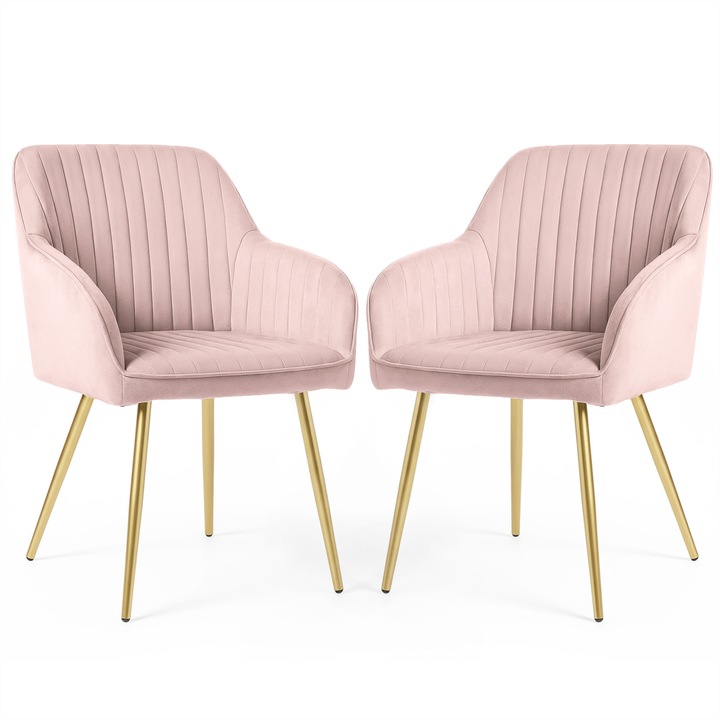 2 darabos szett, AKORD Furniture Factory Florence kárpitozott szék, velúr varrással, arany fém lábak, púder rózsaszín
