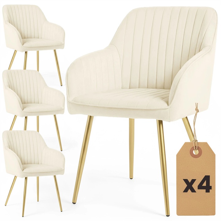 4 darabos szett, AKORD Furniture Factory Florence kárpitozott szék, velúr varrással, arany fém lábak, krém