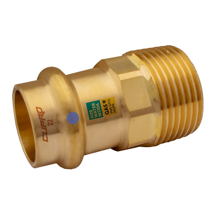 Niplu filetat Idmar AICU_ZZNGZ22X025, 22 mm x 1'', cu sistem de presare, din alama, pentru apa si incalzire, 1 buc
