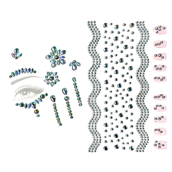 Set Stickere Autoadezive Fata si Mana, Gems, Cristale tip strass, Argintiu, Nail art, Look glam, Festival, Beach Please