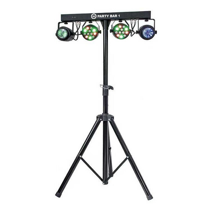 Осветителен комплект Light4Me PARTY BAR 1, 2 PAR ефекта (12x1W RGBW) и 2 flower ефекта (60x0,1W RGBWA), регулируем статив до 160 см, DMX и IR дистанционно управление, черен, 1 комплект