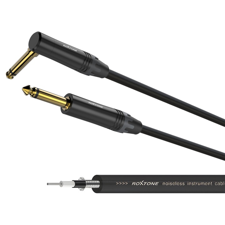 Cablu instrumental Roxtone MGJJ170L5-BK, foarte flexibil, ecranat cu cupru fara oxigen, conector jack unghiular - jack drept 6.3mm mono, negru, 5 m