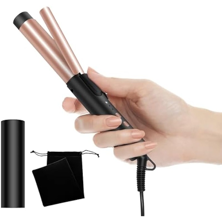 Ondulator mini (mini curler) 25mm pentru par scurt si mediu, turmalina ceramica, temperaturi reglabile 160-200°C, husa de depozitare, tensiune duala 100-240V, negru