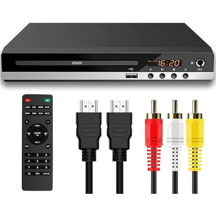 Компактен многофункционален DVD плейър, 1080p, черен, USB, дистанционно управление