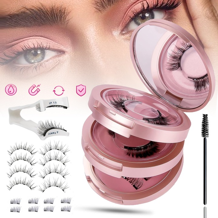 Gene false magnetice din material sintetic 3D Bedee, reutilizabile, impermeabile, fara adeziv, cu aplicator, set 16 bucati, Roz/Negru