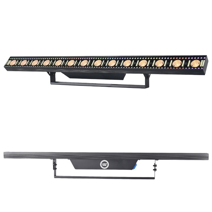 Light4Me Venom Strobe Bar V2 LED stroboszkóp fénycsík, DMX vezérlés és 0-30 Hz stroboszkóp, 120W, 14x3W WW + 180x0,1W CW + 168x0,3W RGB, 5° sugárzási szög, powercon in/out és rögzítő konzol, Fekete, 100 x 7 x 13 cm