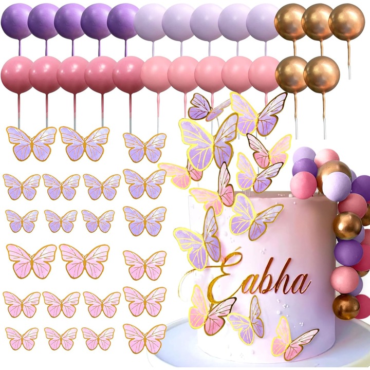 Set decoratiuni pentru tort JeVenis, toppere cu bile si fluturi pentru tort si cupcake-uri, multicolor, 25 bile, 22 fluturi