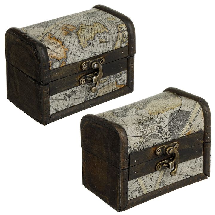 Cufar Decorativ din Lemn Negru cu Harta 11x7x8cm