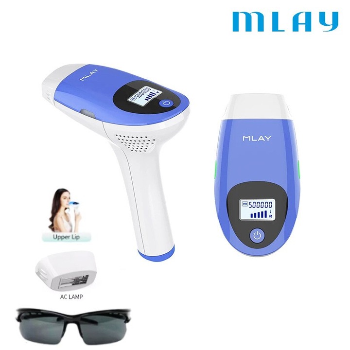 Мултифункционален лазерен епилатор Mlay® T3, SmartSkin сензор, IPL технология, 5 нива на интензитет, за жени и мъже, с дисплей, защитни очила, тяло/лице/подмишници/бикини зона, син