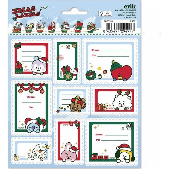 Etichete autoadezive de Craciun Erik BT21, cu personaje licentiate BT21, hartie lucioasa 80 g, Multicolor, 5 pachete (5 x 16 etichete)