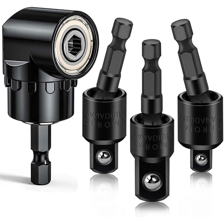 Set extensie flexibila pentru burghiu cu prindere in unghi drept, adaptor pentru chei tubulare de impact rotative la 360° de 1/4", 3/8", 1/2" pentru surubelnite, burghie si masini de gaurit cu impact