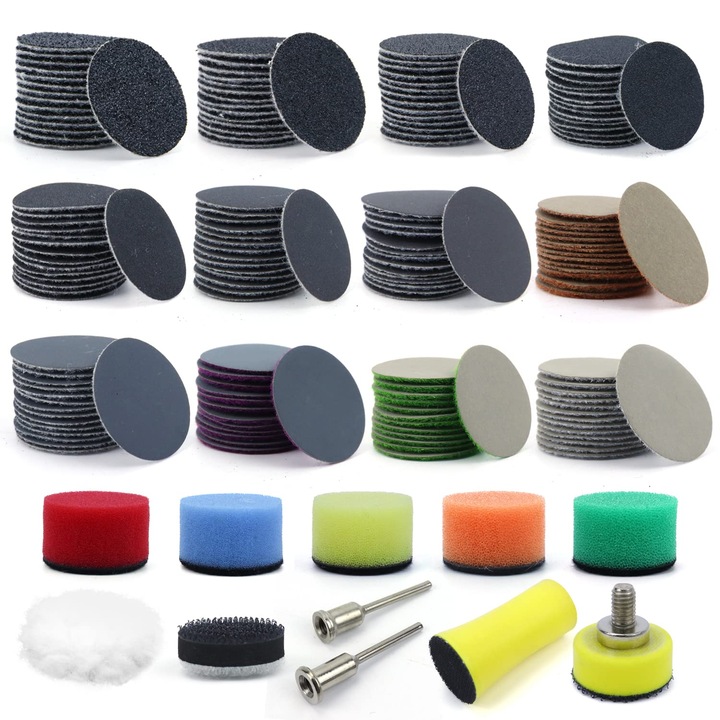 191 de coli de hartie abraziva umeda/uscata de 2, 5 cm, 60 pana la 10.000 de coli, cu suport pentru tija de 3, 8 cm, discuri de lustruit si discul de interfata pentru burghiu, polizor si bijuterii din lemn si metal