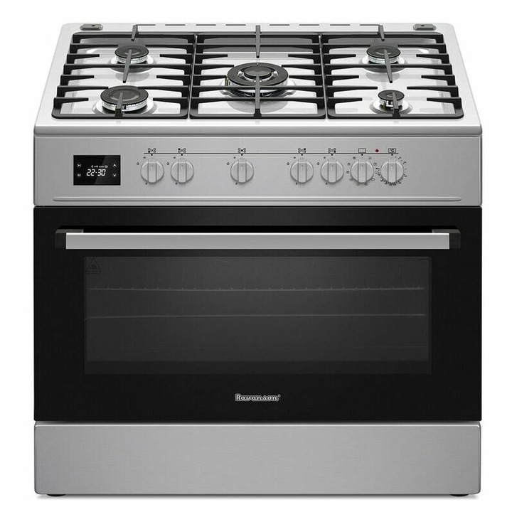 Aragaz mixt modern Ravanson KWGE-K90A Cheff, Plita cu gaz si cuptor electric, Argintiu