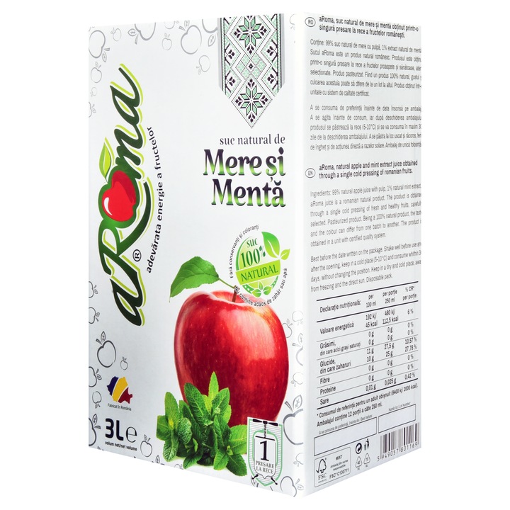 Suc de mere si menta 3L, 100% natural, presat la rece, fara zahar adaugat, fara conservanti, aRoma