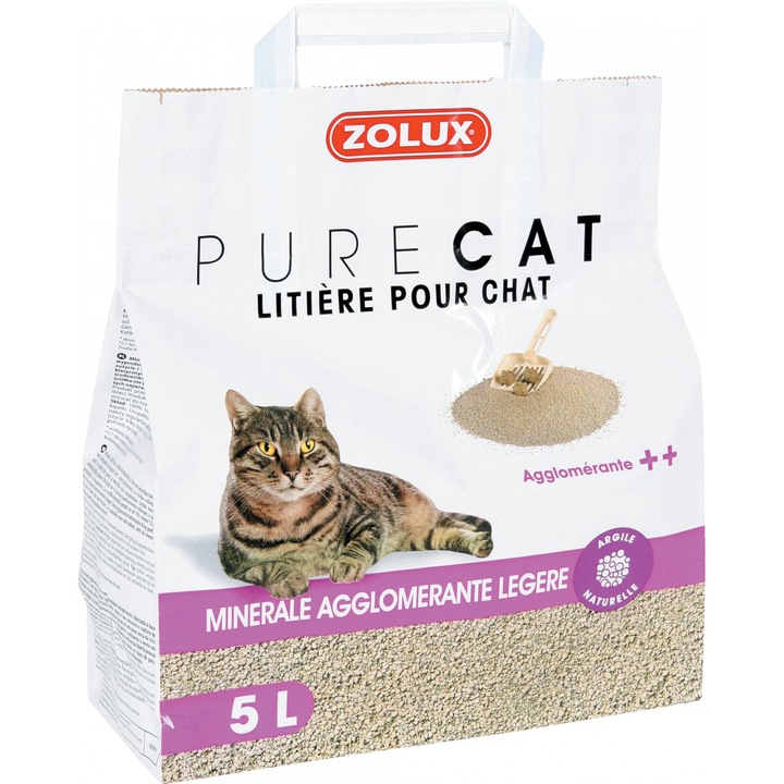 Nisip pentru litiera / litiere pentru pisici Zolux PureCat mineral, aglomerant, usor, natural, 5L
