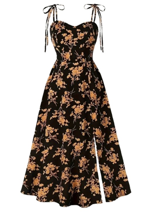 JALWO, Rochie de dama cu bretele si model floral, stil elegant, decolteu in forma de inima, fara maneci, neagra