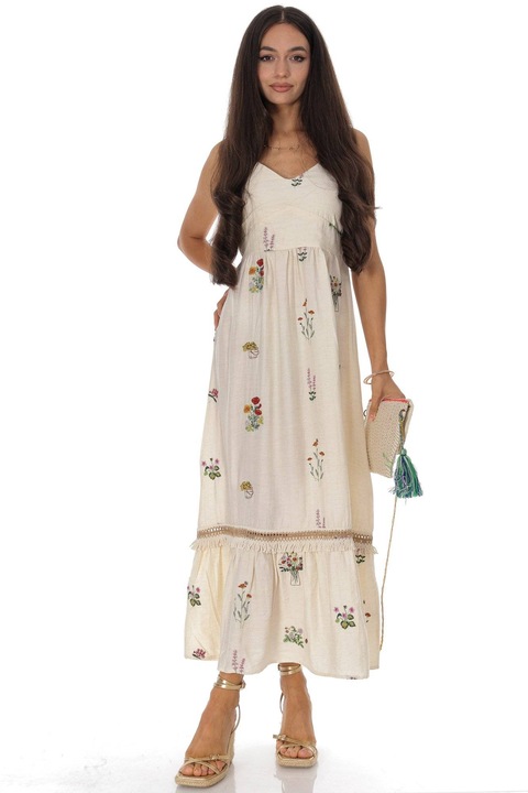 Rochie maxi de vara din bumbac si in cu broderie Crem DR4824, Onesize