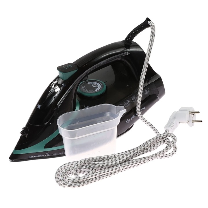 Fier de calcat, Paxton, 3050 W, talpa ceramica, 0.35 litri, 45 g/min, anti-picurare, anti-calcar, auto-curatare, Termostat reglabil, oprire automata, negru + turcoaz, cablu 1.9 m, 1.4 kg