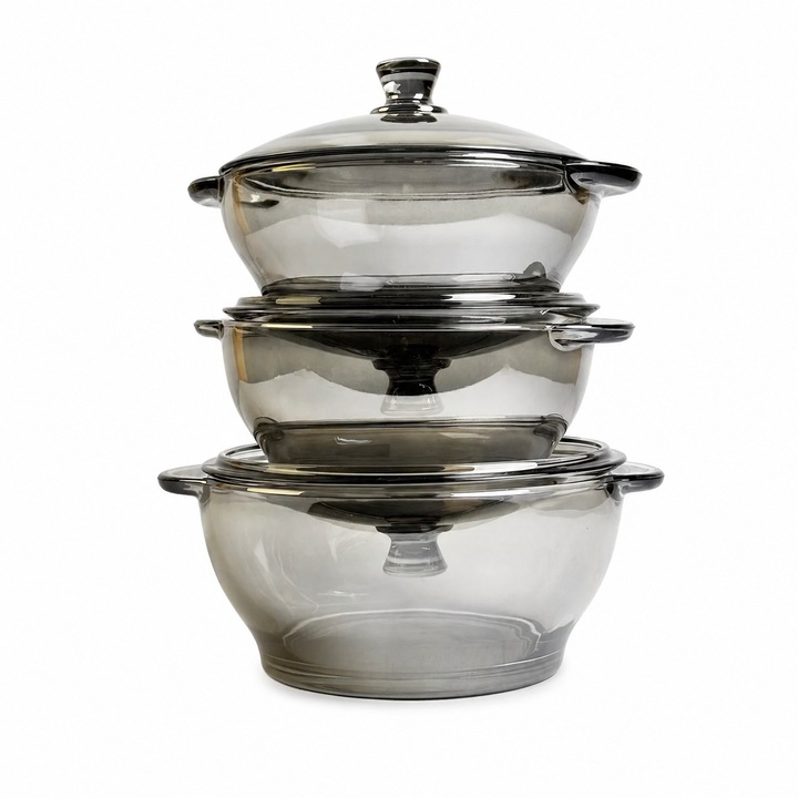 Set 3 vase din sticla Delisoga cu capac, Rezistente, Design ergonomic, Compatibile cu masina de spalat vase, 0.75L/1L/1.5L, Transparent