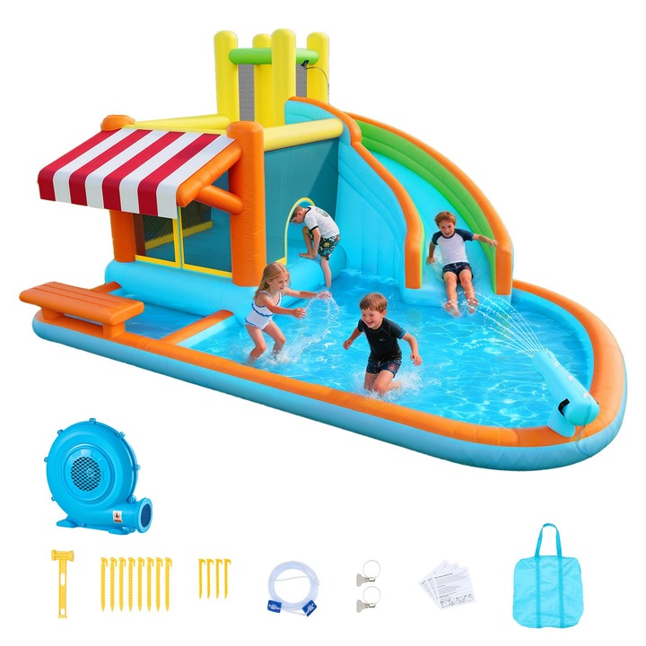Castel Gonflabil Copii cu Tobogan Inalt si Piscina Apa, 455x390x238 cm, Trambulina Gonflabila Exterior, Zona Sarituri, Stand Magazin Joaca, 3-4 Copii, Multicolor