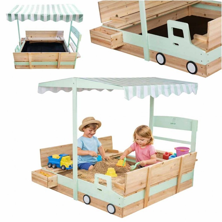 Loc de joaca din lemn pentru copii Ikonka Truck, Sabliera tip Camion cu bancute integrate, depozitare laterala si copertina reglabila anti-UV