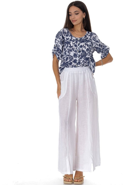 Pantaloni casual din in cu buzunare, Alb Roh TR585, Onesize