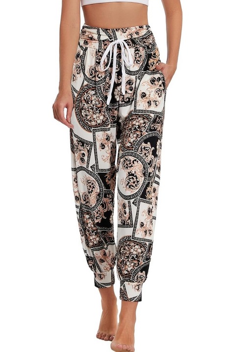 Pantaloni dama tip Harem, Lejeri, Talie Elastica cu Snur, Buzunare, Poliester, Yoga & Casual, S
