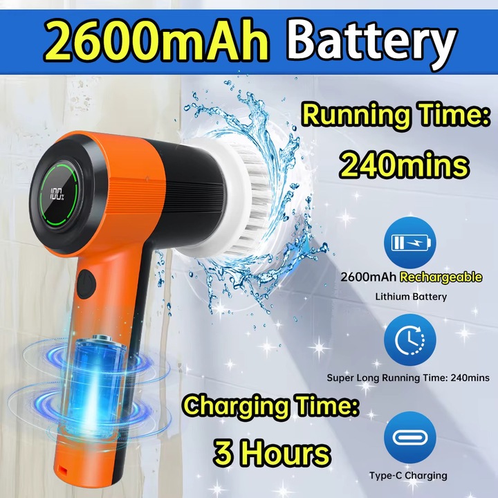 Perie electrica multifunctionala portabila, cu 5 capete de schimbare, reincarcabila USB, pentru curatat podele si suprafete, silentioasa si fara zgomot, potrivita in bucatarii, bai, pereti