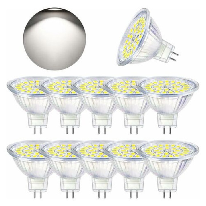 Bec LED GU5.3 Alb Rece 6000K, LED MR16 12V 5W Echivalent cu Halogen 50W, Spoturi LED Nedimabile, Pachet de 10 [Clasa Energetica F]