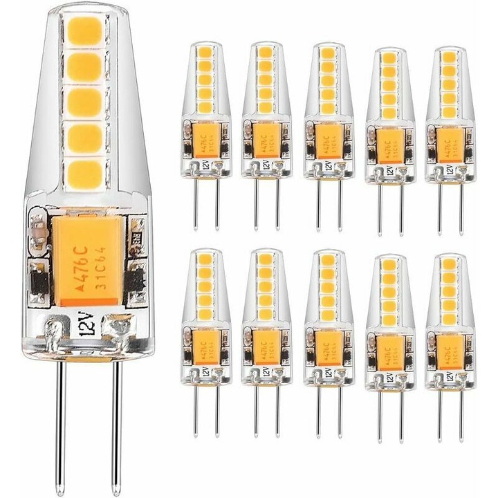 Bec LED Tigrezy-G4 3W AC/DC 12V echivalent cu bec halogen 30W alb cald 3000K 2835 SMD 300 LM, neiluminare reglabila, unghi de fascicul 360° (pachet de 10)