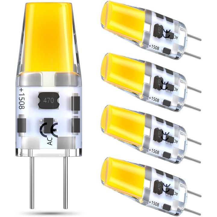 Резервна халогенна крушка тип JC с два пина, GY6.35, 4W AC/DC 12V, топло бяло, 3000K (без димиране, опаковка от 5 броя)