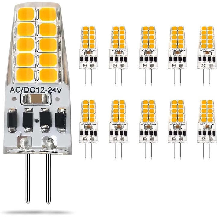 10 darabos csomag 3W-os, 12-24V-os LED izzó, G6.35 foglalattal, meleg fehér 2900K, szekrény alatti vagy asztali lámpa világításához