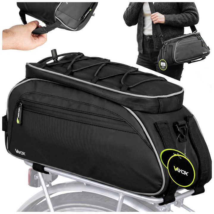 Geanta bicicleta portbagaj Vayox VA0448, 10L, buzunar lateral, Pentru ciclism, Montare rapida, Curea de umar, Rezistenta, Negru