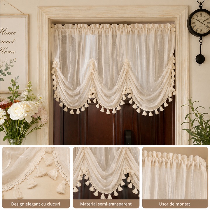 Perdea scurta eleganta pentru bucatarie si living, stil boho vintage, cu ciucuri decorative, perdea semi-transparenta pentru fereastra si usa, crem, 100x150cm