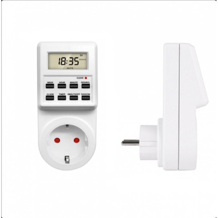 Priza timer programabil TM03, temporizator electronic cu ecran LCD, memorie la intrerupere, carcasa PC ignifug, max. 3680 W, Alb