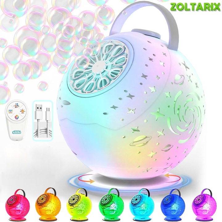 Buborékfújó gép, ZOLTARIX®, Automata 90°/360°, RGB 7 szín, Újratölthető távirányítóval, interaktív játék gyerekeknek, születésnapokra, partikra, esküvőkre