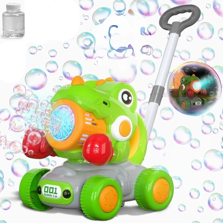 Jucarie Electrica de Impins cu Baloane de Sapun Dinozaur Push and Play, cu lumini si functie 2 in 1, EMC ONSHOP®